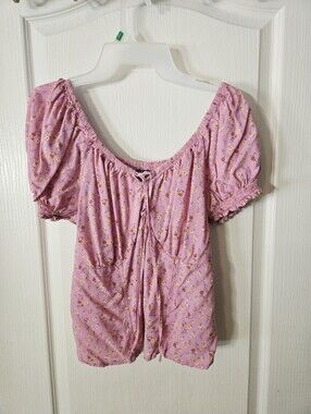 Torrid Pink Floral Puff Sleeve Smocked Babydoll Blouse Size 0 (Large)